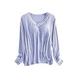 Damen-Nachtwäsche, UK-Langarm-Top, V-Ausschnitt, Schlafanzug mit Brustpolstern locker bequem, leicht, atmungsaktiv, Spitze, Nachtwäsche, modisch, lässig, Homewear einfarbig, Modal, blau, M