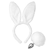 Agoky 2/3 Pcs Hase Set Plüsch Schwanz mit Haarreifen Maske/Haase Stirnband mit Plüsch Kugeln Metall Anal Plug für Osterpartys Bachelorette Party Cosplay Zubehör Weiß 2Pcs One Size