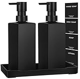 GMISUN Seifenspender Bad, 350 ml Spülmittelspender für Küche, Modern Seifenspender schwarz Glas mit Tablett und wasserdichte Etiketten, Handseifenspender, Flüssigseifenspender, Soap Dispenser