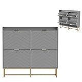 UEV Schuhschrank mit 4 Klappen,100x24,2x91cm,Schuhkipper Schmal,Schuhkommode Flur Wohnzimmer Eingangsbereich,Schuhaufbewahrung mit Kippschutz,Trennwände verstellbar für Verschiedene Schuhtypen,grau