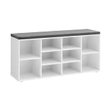 VASAGLE Schuhbank, Schuhregal mit Sitzfläche, Sitzbank mit Stauraum, gut gepolstert, Flurbank mit 10 Fächern, verstellbaren Ablagen, für Schlafzimmer, 30 x 104 x 48 cm, weiß-grau LHS10WT