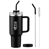VETIN 40oz Thermobecher mit Strohhalm und Henkel, 1200ml Kaffeebecher to Go, Doppelwandiger Edelstahl Vakuum Isolierbecher, Tragbare Autobecher für Kalte Heiße Getränke (Schwarz)