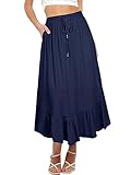 REORIA Damen Röcke Elastische Maxiröcke mit hoher Taille für Damen Lange Röcke mit Taschen Marineblau XL