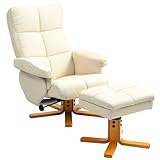 HOMCOM Relaxsessel mit Hocker, Stauraum, Gepolstert Fernsehsessel mit Liegefunktion, 360° Drehbar TV-Sessel für Schlafzimmer, Wohnzimmer, Kunstleder, Cremeweiß