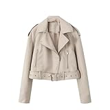 Lässige Lederjacke für Damen, Umlegekragen, langärmelig, mit Taschen, Knopf, Reißverschluss, Oberbekleidung, weiß, L