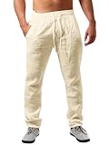 Runcati Herren Leinenhose Einfarbiges Lang Leicht Sommerhose Loose Fit Freizeithose mit Kordelzug für Urlaub Strand Beige XL