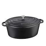 kela Bräter Gusseisen oval 9,3 Liter, Dutch Oven CALIDO, Induktion Gussbräter mit Deckel, Gusseisen Topf Brot backen, emailliert, schwarz