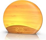 REACHER Lichtwecker Sonnenaufgang, Nachtlicht, 0–100% Dimmbare Uhr, 26 Beruhigender Klängen, Nachttischlampen, Holz Tageslichtwecker für Schlafzimmer, Erwachsene, Babys, Kinder