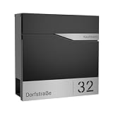 Forgard Briefkasten Schwarz mit Zeitungsfach (RAL9005), personalisiert, Postkasten modern aus Zinkstahl mit Familienname + Straße + Hausnummer inkl. Montageset, TRELLEBORG