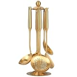 Goldfarbenes Kochutensilien-Set mit Halter – Küchenutensilien aus 18/10 Edelstahl – 38,1 cm (15 Zoll) Küchenutensilien aus Messing mit drehbarem Ständer, Spatel, Schöpflöffel, Skimmer, Pfannenwender,