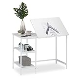 Relaxdays Schreibtisch neigbar, 3 Ablagen, mehrere Winkel, Computer- & Arbeitstisch, HxBxT: 75 x 110 x 55 cm, Weiß