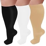 3 Paar Kompressionsstrümpfe in Übergröße für Damen und Herren, breite Wade, 20–30 mmHg, extra große kniehohe Unterstützung für die Durchblutung, 04 - Schwarz/Grau/Hautfarben, XXL