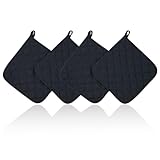 4 Stück Topflappen Baumwolle, 17x17CM Topflappen mit Tasche Hitzebestaendig Topflappen, Gegen Hohe Hitze Kitchen, Waschbare und Rutschfesten für Öfen, Kuche Backe, Schwarz