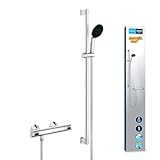 GROHE Precision Flow, Duschset mit Thermostat wassersparend, 8l pro Min (Duscharmatur hält Temperatur konstant, Duschkopf 1 Strahlart, 175cm Schlauch, Duschstange 90cm, 3in1 Werkzeug), chrom, 34805001