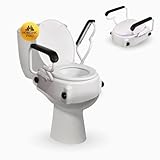 Mobiclinic®, Toilettenlift mit Armlehnen, Tajo, 19 cm, Mit Deckel, Verstellbar in 3 Höhen, Kippbar, Klappbare Armlehnen, Toilettenlift für ältere und behinderte Personen, Toilettenlift, Weiß