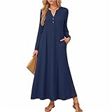 Maxikleid Damen Langarm Winterkleid Damen Elegant Lang Einfarbig Kleider Maxi A Linie Herbstkleid Mit Knöpfen V Ausschnitt Pulloverkleid Oversize Kleid Frauen Mit Taschen Maxikleider Freizeit