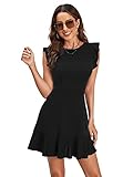 SheIn Damen Kleid Elegant Mini Kleider Kurzarm A-Linie Freizeitkleid Partykleid mit Volant Ärmeln Rundhals Blusekleid Schwarz M