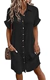 WINKEEY Sommerkleid Damen Blusenkleid Leinen Kleid Casual V-Ausschnitt Hemdkleid Kurzarm Shirtkleid Midikleid Einfarbig Freizeitkleid Mit Knöpfen,Schwarz XXL