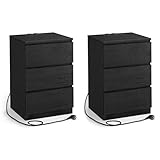 VASAGLE Nachttisch, 2er Set, Beistelltisch, 3 Schubladen, abgeschrägte Kante, 2 AC-Steckdosen, 2 USB-Anschlüsse, Wohnzimmer, Schlafzimmer, Arbeitszimmer, modern, ebenholzschwarz LET831B56