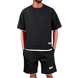 Waffle Trainingsanzug Herren Jogginganzug Sommer 2 Teiliges Freizeitanzug Zweiteiler Sommer Outfit Kurzarm T-shirt + Kurze Jogginghose Sets Männer Y2K Tracksuit Sommeranzug(Black,3XL)