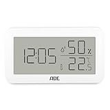 ADE Thermometer mit Luftfeuchtigkeitsmesser innen | digitale Badezimmeruhr mit Temperatur | Feuchtigkeitsmessgerät mit Uhrzeit | Hygrometer für Büro, Kinderzimmer, Schlafzimmer, Bad | Querformat weiß