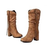 LDXEQIZ Vintage Kurz Stiefel Mit Fransen Damen PU-Leder Ankle Boots Elegant High Heels Western Cowboy Booties Frühling Knöchel Schuhe Mit Blockabsatz Große Größe Schlupfstiefel(Brown,41 EU)