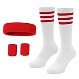 Lufdegim Schweissband und Socken Set, 80er 90er Jahre Schweißband Gestreiftes Stirnband, Armband, Gestreifte Hohe Socken für Damen Herren Sport Laufen Radfahren Karneval Kostüme Party (Rot)