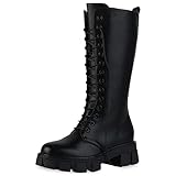 VAN HILL Damen Plateaustiefel Stiefel Blockabsatz Schuhe Plateau Schnürer Profilsohle Boots Plateau Vorne Schnürschuhe 203466 Schwarz 36