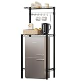 KZOBYD Lagerregal Metall, Klein Kühlschrank Regal, Einstellbares Regal mit Haken, Gitterablage über der Kühlschrank, Küchenregal Standregal Schmales Allzweckregal Mikrowellenständer mit Ablage