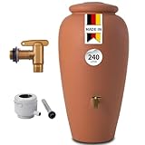 GARANTIA AMPHORE Regentonne Set 240 Liter Terrakotta – Wassertank mit Auslaufhahn + Fallrohranschluss – Frostsicherer Regenwassertank/Regenwassertonne – Wassertonne für Garten – Wasserfass Dekor