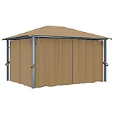Pavillon mit Vorhang aus Aluminium und Stahl, UV-beständiges Dach, 4 Seitenvorhänge mit Netzfenstern, Camping Pavillons, Garten Pavillons, Zelt Pavillon, Taupe, 400 x 300 x 270 cm