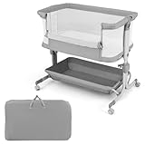 COSTWAY 3 in 1 Beistellbett, Reisebett Baby mit Matratze, Babybett 6 Fach höhenverstellbar mit Aufbewahrungskorb & Tragetasche, tragbarer Stubenwagen mit Rollen für Baby bis 6 Monaten (Grau)