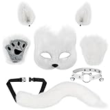 Alishomtll 5pcs Halloween Pelzige Katze Fuchs Maske Weiß Wolf Schwanz, Plüsch Pfoten Handschuhe Tier Ohren Clip, Leder Hals Choker Set Karneval Cosplay Party Maskerade Kostüm für Kinder Erwachsene