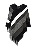 Ferand Damen Gestreifter Poncho Pullover Vielseitiger Schal zum Wickeln mit Fransen für Herbst und Winter - One Size - Schwarz & Grau