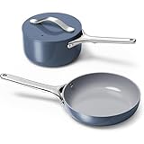 Mini-Kochgeschirr-Set – Antihaft-Bratpfanne aus Keramik (1,05 Qt, 8 Zoll), Stielkasserolle (1,75 Qt) und Ablageregal – ungiftig, PTFE- und PFOA-frei, Marineblau (zweiteiliges Set/Marineblau)
