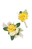 Yelinart Set mit gelben Rosen, Ansteckblume und Ansteckblume für Hochzeit, Abschlussball, Heimkehr, Herren, Bräutigam, Trauzeugen, künstliche Blumen, Ansteckblume und Damen, Mädchen, Brautjungfern,