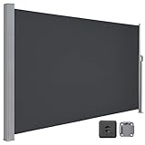 LARMNEE Seitenmarkise mit Stahl-Kasten, 160 x 400 cm, Markise ausziehbar, Sonnenschutz, Seitenrollo, Blickdicht, für Garten, Terrasse, Balkon, Anthrazit EBK164TBP02