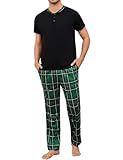 Aseniza Herren Schlafanzug Lang Pyjama Baumwolle Winter Zweiteilige Pyjamas mit Kurzarmshirt und Schlafanzughose für Männer