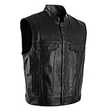 Glücksvoge Herren Lederweste Klassische Rindslederweste mit offenen Knöpfen Bikerweste Lederkutte Rindleder Freizeit Clubweste Leder ärmellose Jacke Weste Mode und Freizeit Schwarz (Schwarz2, L)