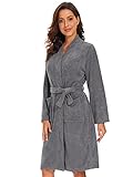 vislivin Leichter Bademantel Damen Frottee Bademantel Sauna Morgenmantel Knielanger Saunamantel Bathrobe Damen Grau S