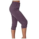 EYNMVR Lila Sommer Hosen Damen Leicht 3/4 Caprihose Baumwolle Sommerhose mit Elastische Taille Kordelzug Atmungsaktiv Stoffhose mit Taschen Bequem Arbeit Freizeithose S
