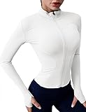 Rapbin Top Damen Langarm Sportjacke Gym Fitness Tops Laufjacke Slim Fit Laufshirts Trainingsjacke Leicht Workout Yoga Oberteil mit Daumenloch Stil 2–Weiß L
