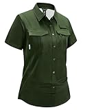 Haimont Damen Hemdbluse UV Schutz Schnell Trocknende Luftiges Angeln Wanderhemd Reisen Kurzarm Schnelltrocknend, Militärgrün, L