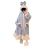 Bademantel Damen Cartoon Hausanzug mit Kapuze Morgenmantel Leicht Korallenfleece Saunamantel Flauschig Loungewear Mit Langen Ärmeln Taschen Schlafanzug Kimono Bathrobe Frotteekleid
