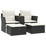 vidaXL Gartensofa 2-Sitzer, Outdoor Sofa mit eingebauter Ablage, Terrassensofa mit Hockern, Gartenmöbel Sofagarnitur Gartengarnitur, Schwarz Poly Rattan
