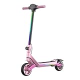 Elektroroller für Kinder, E Scooter mit Regenbogen-LED & Sicherheitsstart, 3 Geschwindigkeiten bis 16 km/h, 12KM Reichweite, doppelte Stoßdämpfer, doppeltes Sicherheitsbremssystem (Pink)