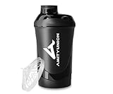 AMITYUNION Protein Shaker Deluxe 800 ml - Eiweiß auslaufsicher - BPA frei mit Sieb & Skala für Cremige Whey Proteinpulver Shakes Fitness Becher für Isolate und Sport Konzentrate Midnight Black