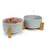 Hundenapf Keramik 850ML Doppel Futternapf Fressnapf Wassernapf Napf für Hund Katzen mit Bambus Ständer (850ML,2-Grau)