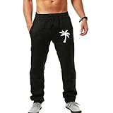 Generisch Herren Leinenhose Palme Gedruckt Atmungsaktiv Leicht Bequeme Sommerhose Freizeithose mit Kordelzug Taschen Casual Strandhosen Loungewear Elastischer Bund für Urlaub Strand Yoga Alltag
