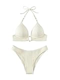 GORGLITTER Push Up Bikini Damen Set Bikini Mit Strass Kette Neckholder Bikini Zweiteiliger Badeanzug Mit Schnürung Bademode Beige L